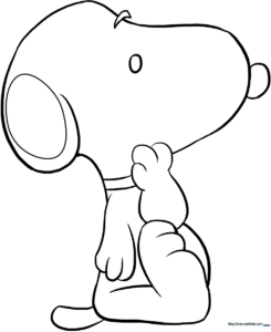Black and white line art of Snoopy standing, featuring clear outlines for easy coloring by children.