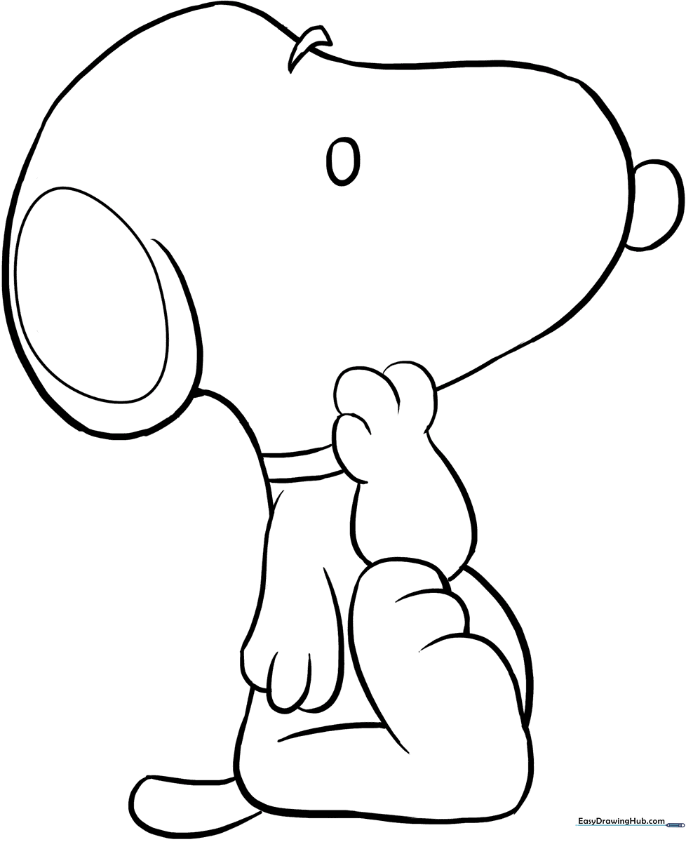 Black and white line art of Snoopy standing, featuring clear outlines for easy coloring by children.