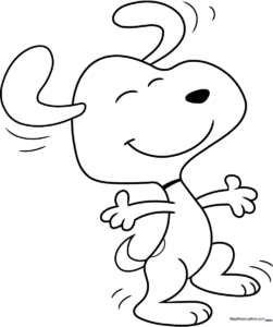 Black and white line art of Snoopy performing a happy dance with arms raised, ideal for children to color with markers or crayons.
