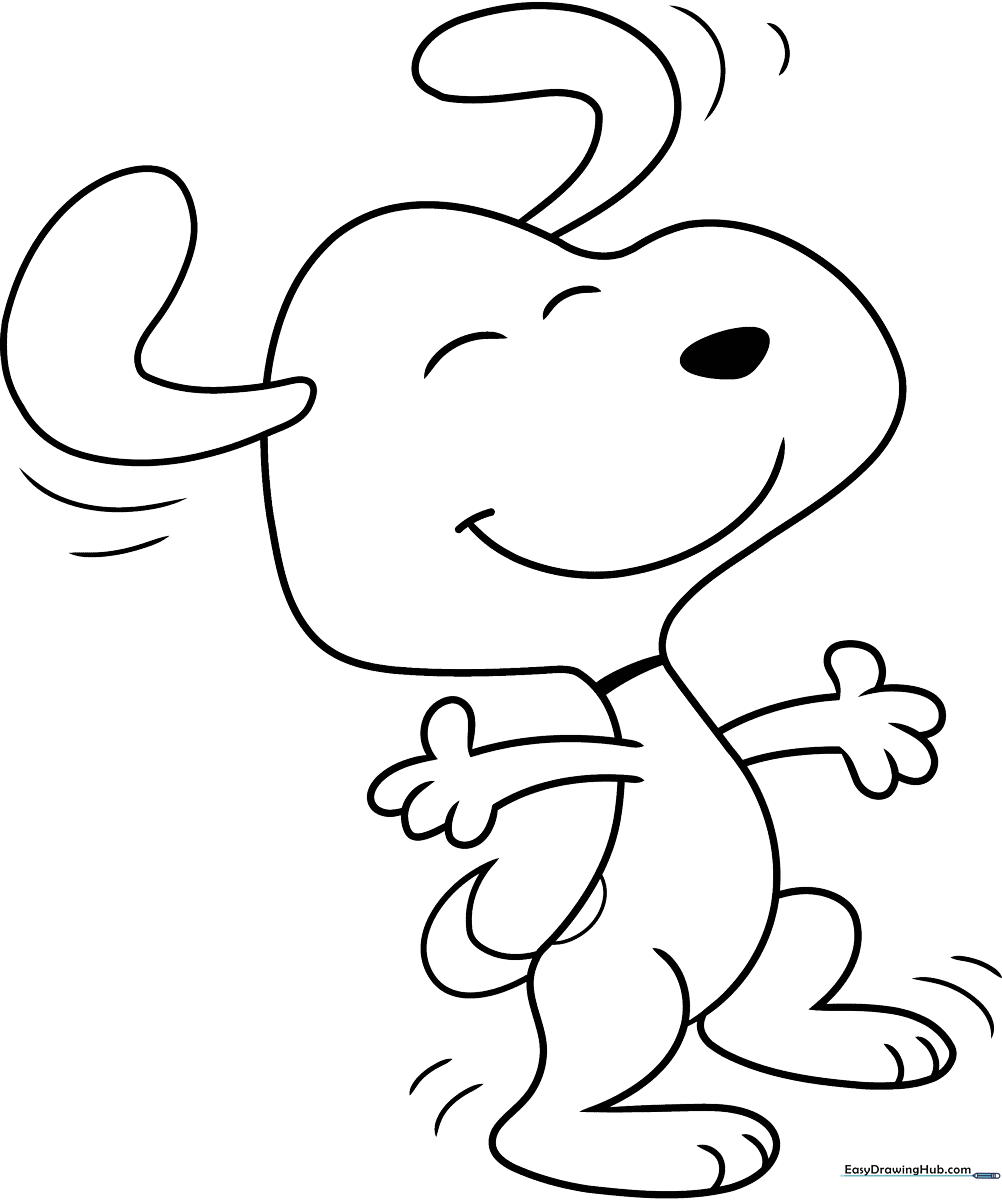 Black and white line art of Snoopy performing a happy dance with arms raised, ideal for children to color with markers or crayons.