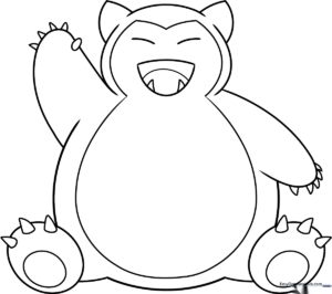 Black and white line art of Snorlax sitting down, featuring clear outlines for easy coloring by children.