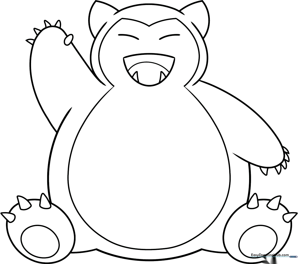 Black and white line art of Snorlax sitting down, featuring clear outlines for easy coloring by children.