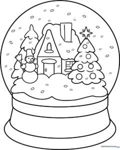 Black and white line art of a classic snow globe with a decorative base, featuring a winter scene inside for children to color.