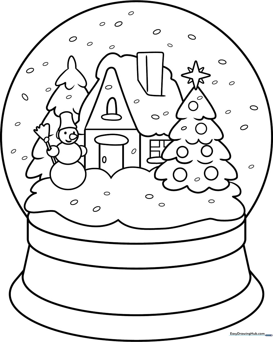 Black and white line art of a classic snow globe with a decorative base, featuring a winter scene inside for children to color.