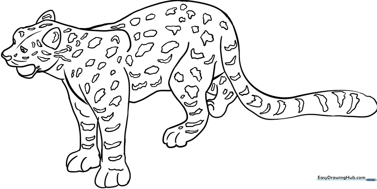 A friendly cartoon snow leopard with distinct spots, ready to be colored on a white background, ideal for developing fine motor skills in young artists.