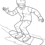 Line art illustration of a snowboarder mid-jump, wearing goggles and a winter jacket, ready for coloring.