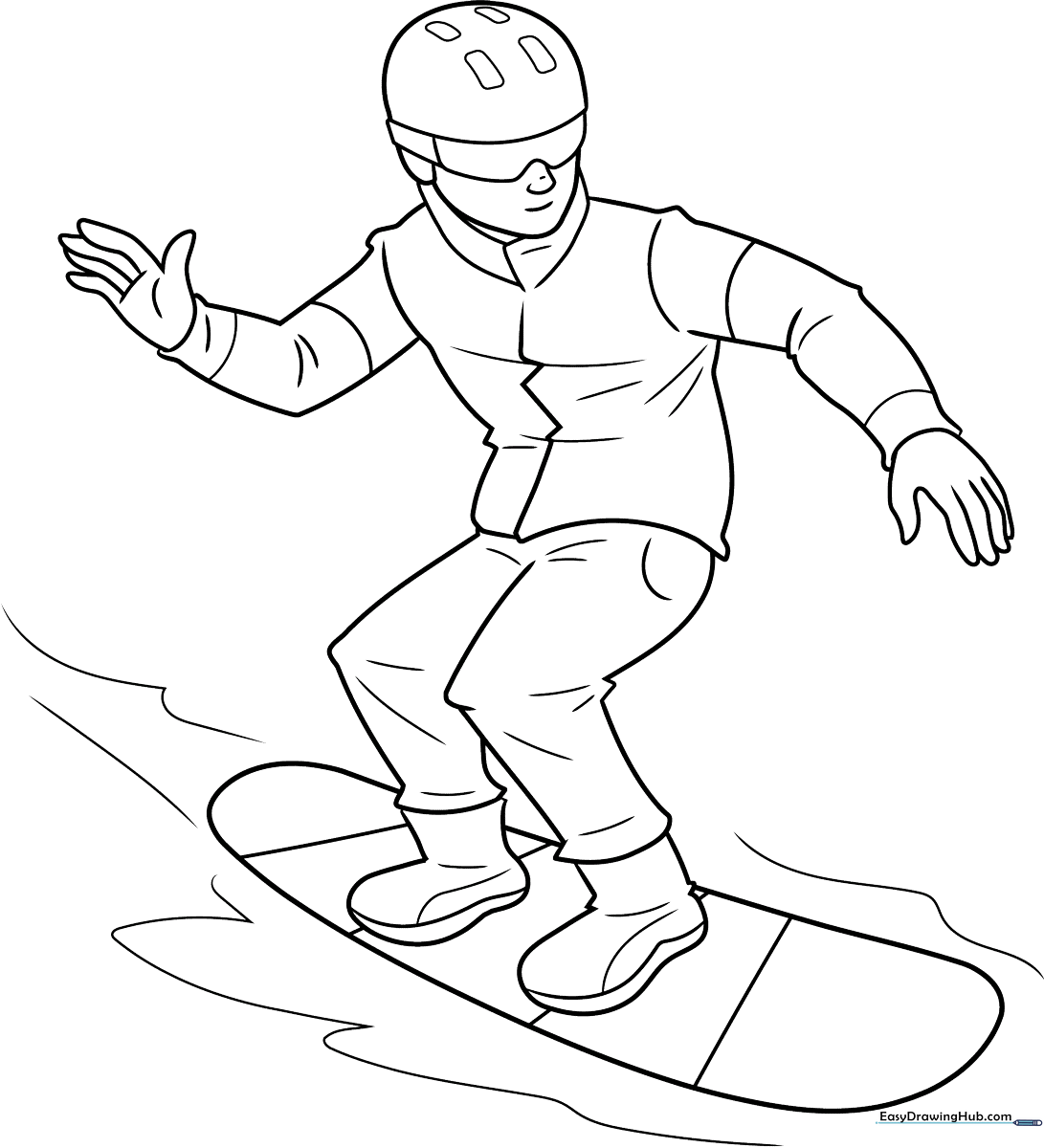 Line art illustration of a snowboarder mid-jump, wearing goggles and a winter jacket, ready for coloring.