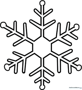 A clean, black-and-white line art illustration of a six-pointed snowflake with intricate geometric details, designed for children to color.