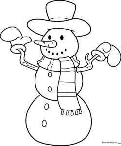 A cheerful cartoon snowman with a carrot nose, top hat, and scarf, featuring thick outlines perfect for children to color.