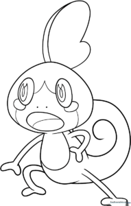 Black and white line art of Sobble, the water-type Pokémon, featuring its large eyes, fin-like head crest, and small body, ready for coloring.