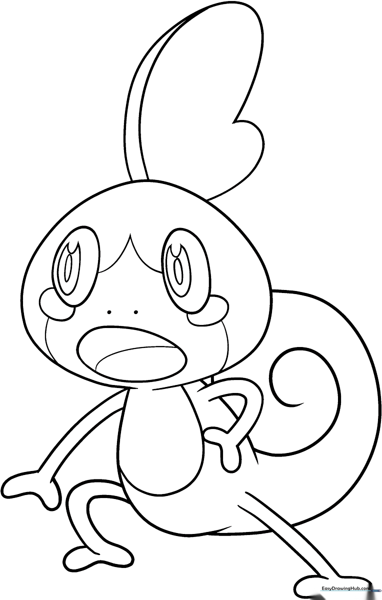 Black and white line art of Sobble, the water-type Pokémon, featuring its large eyes, fin-like head crest, and small body, ready for coloring.