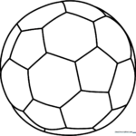 Black and white line art of a classic soccer ball with bold hexagonal patterns, designed for children to color.