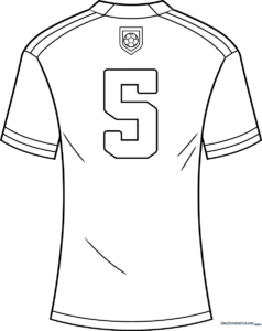 Black and white line art of a soccer jersey with short sleeves and a V-neck, ready for coloring with markers or crayons.