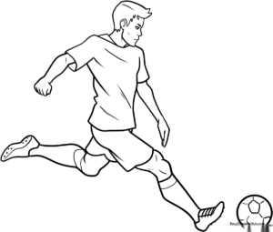 A friendly cartoon soccer player in uniform ready to kick a ball, outlined clearly for easy coloring by children.