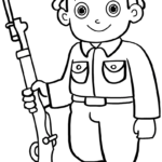 Clean line art of a friendly cartoon soldier standing at attention, ready for coloring with clear outlines for easy filling.