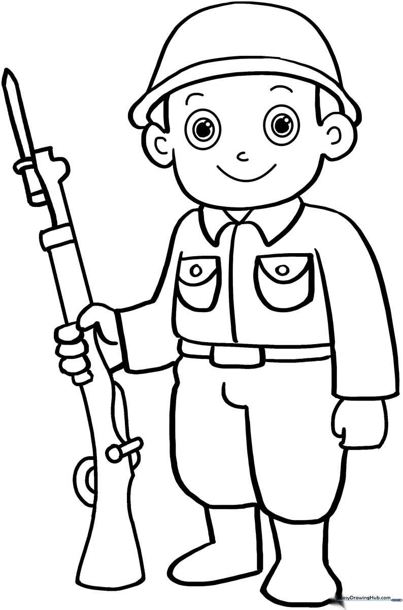 Clean line art of a friendly cartoon soldier standing at attention, ready for coloring with clear outlines for easy filling.