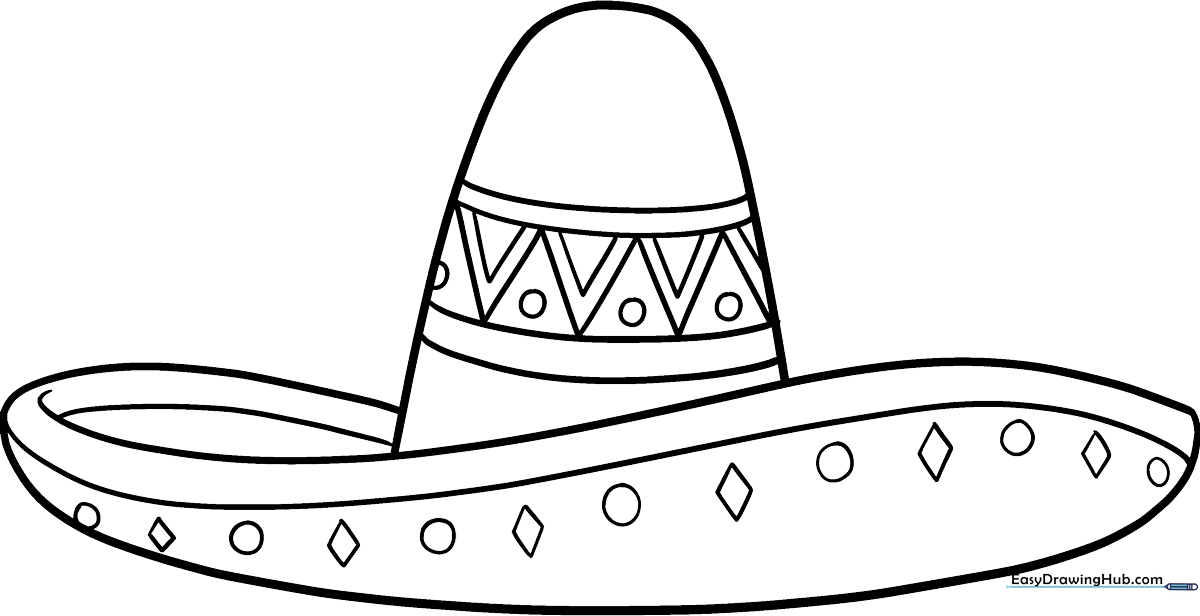 Black and white line art of a traditional sombrero hat with a wide brim and tall crown, ready for children to color.