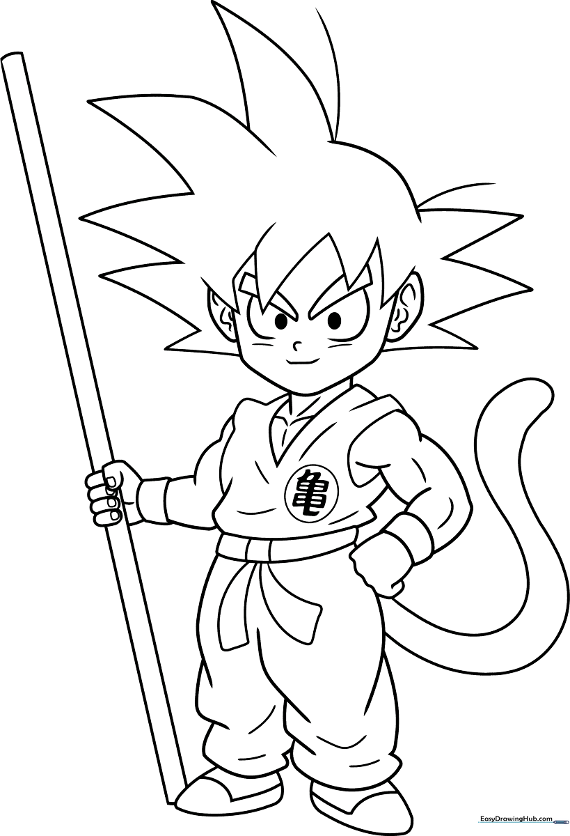 Black and white line art of Son Goku in a dynamic fighting stance, featuring clear outlines for easy coloring by children.
