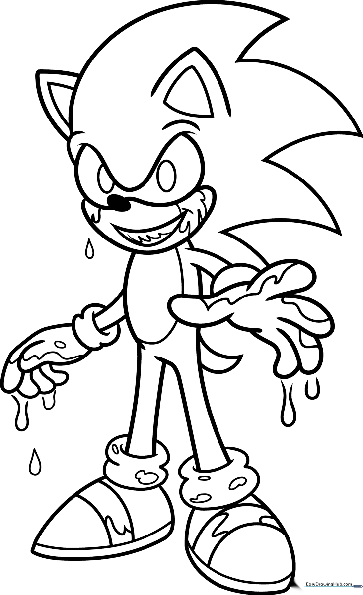 Black and white line art of Sonic.EXE character for coloring, featuring bold outlines and distinct facial features for easy filling.
