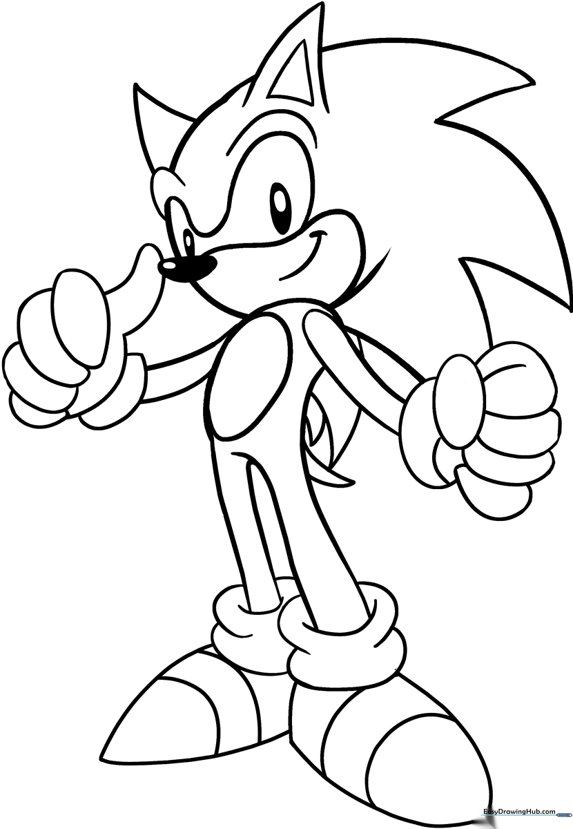 Black and white line art of Sonic the Hedgehog in a dynamic pose, featuring clean outlines suitable for coloring with crayons or markers.