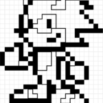 Black and white pixel art grid of Sonic the Hedgehog, designed for children to color in individual squares to practice precision and hand-eye coordination.