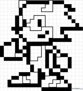 Black and white pixel art grid of Sonic the Hedgehog, designed for children to color in individual squares to practice precision and hand-eye coordination.