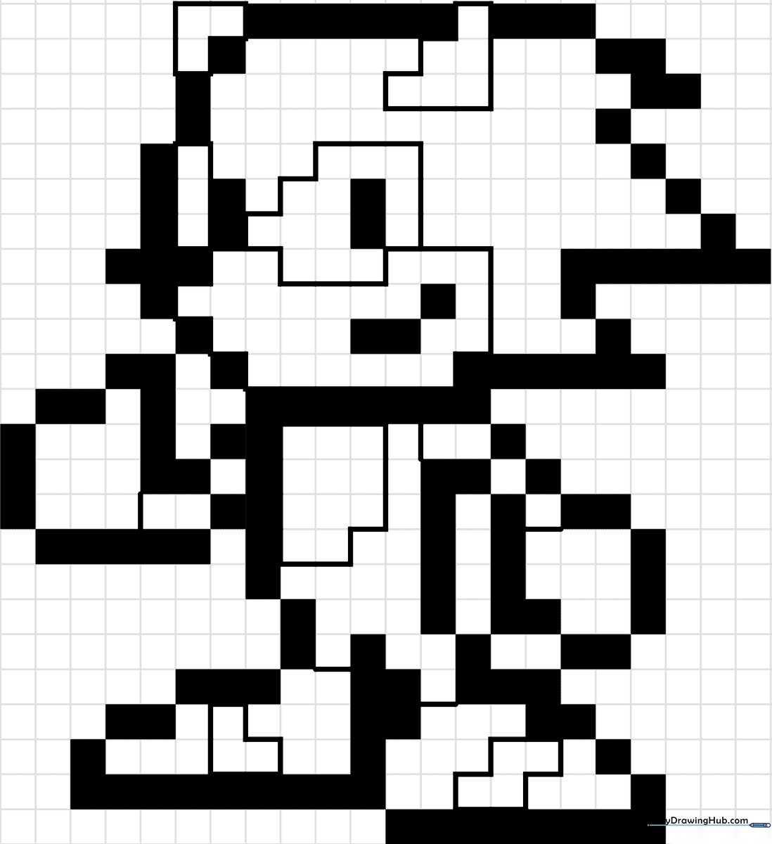 Black and white pixel art grid of Sonic the Hedgehog, designed for children to color in individual squares to practice precision and hand-eye coordination.