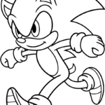 Black and white line art of Sonic the Hedgehog in a dynamic running pose, featuring clear outlines for easy coloring by children.