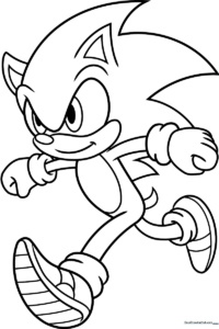 Black and white line art of Sonic the Hedgehog in a dynamic running pose, featuring clear outlines for easy coloring by children.