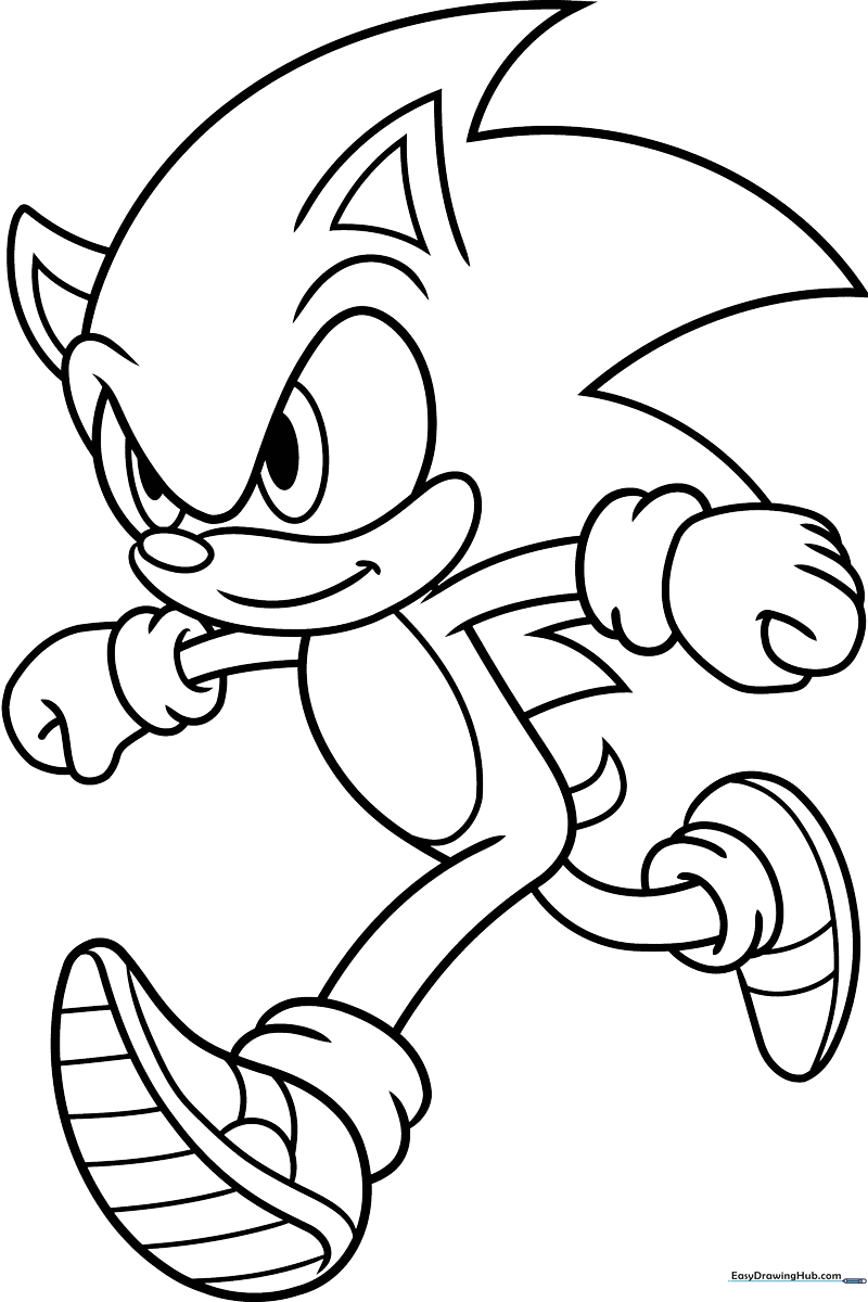 Black and white line art of Sonic the Hedgehog in a dynamic running pose, featuring clear outlines for easy coloring by children.