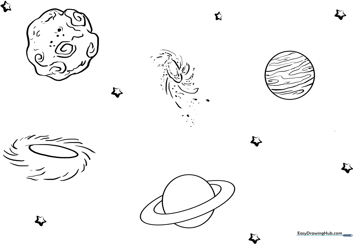 Black and white line art of various planets and stars in orbit, designed for children to color and practice spatial awareness.