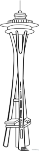 Black and white line art of the Seattle Space Needle, featuring the observation deck and tripod legs, ready for kids to color.
