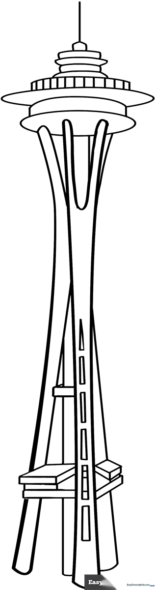 Black and white line art of the Seattle Space Needle, featuring the observation deck and tripod legs, ready for kids to color.