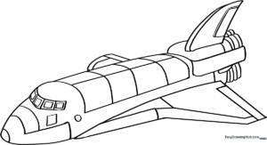 Black and white line art of a space shuttle ready for coloring, featuring clear outlines of the fuselage, wings, and cockpit window.