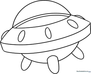 A clean, bold-lined illustration of a cartoon spaceship with portholes and fins, ready for children to color with crayons or markers.
