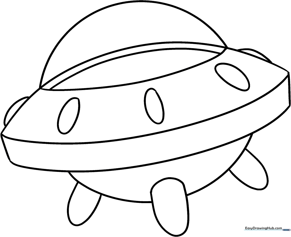 A clean, bold-lined illustration of a cartoon spaceship with portholes and fins, ready for children to color with crayons or markers.