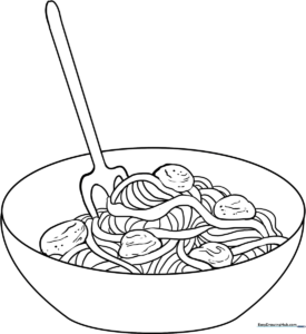A black and white line art illustration of a bowl of spaghetti with swirling noodles, ideal for children to color.