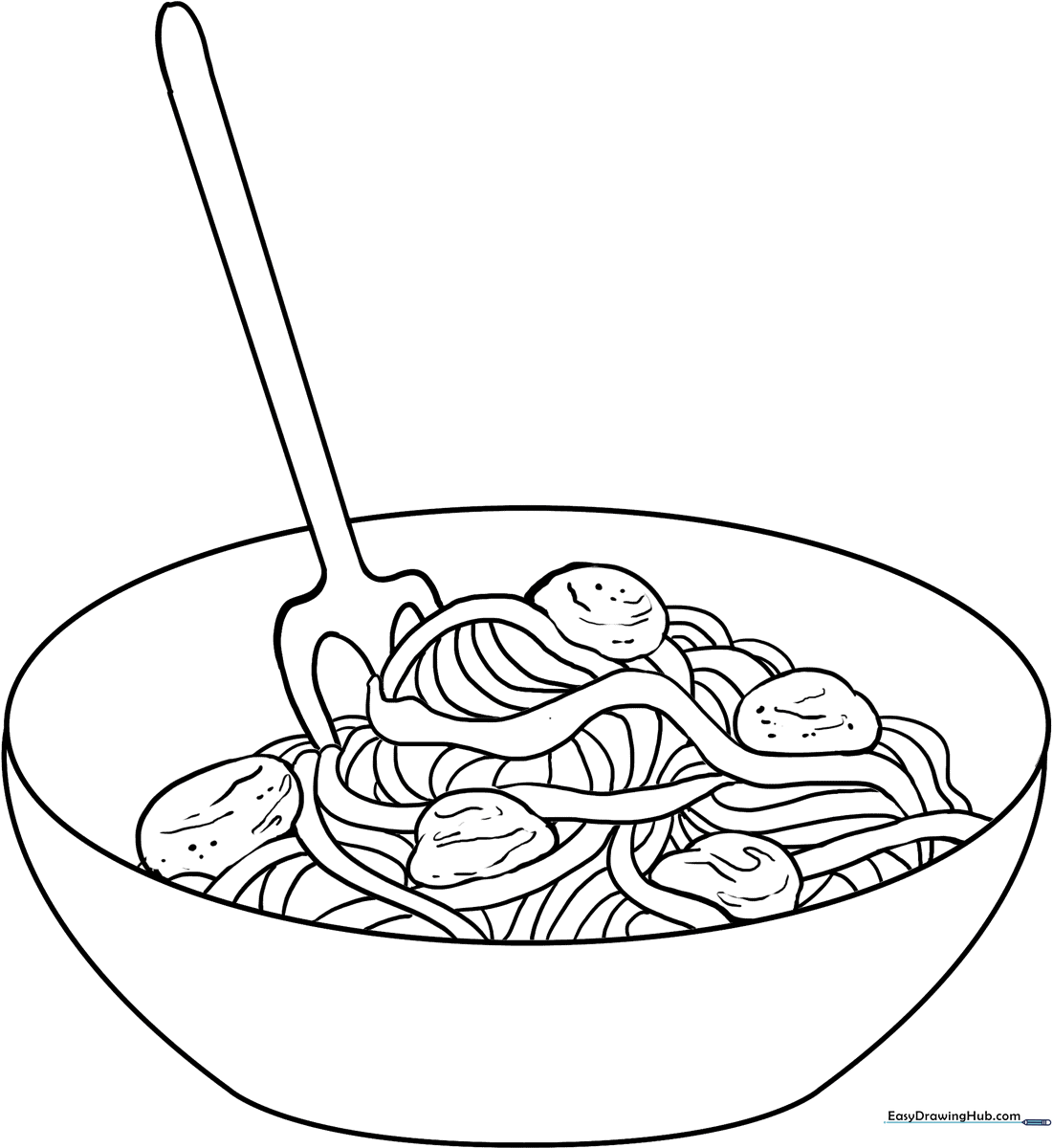 A black and white line art illustration of a bowl of spaghetti with swirling noodles, ideal for children to color.