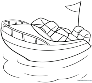 Black and white line art of a sleek speed boat with a windshield and outboard motor, designed for children to color.