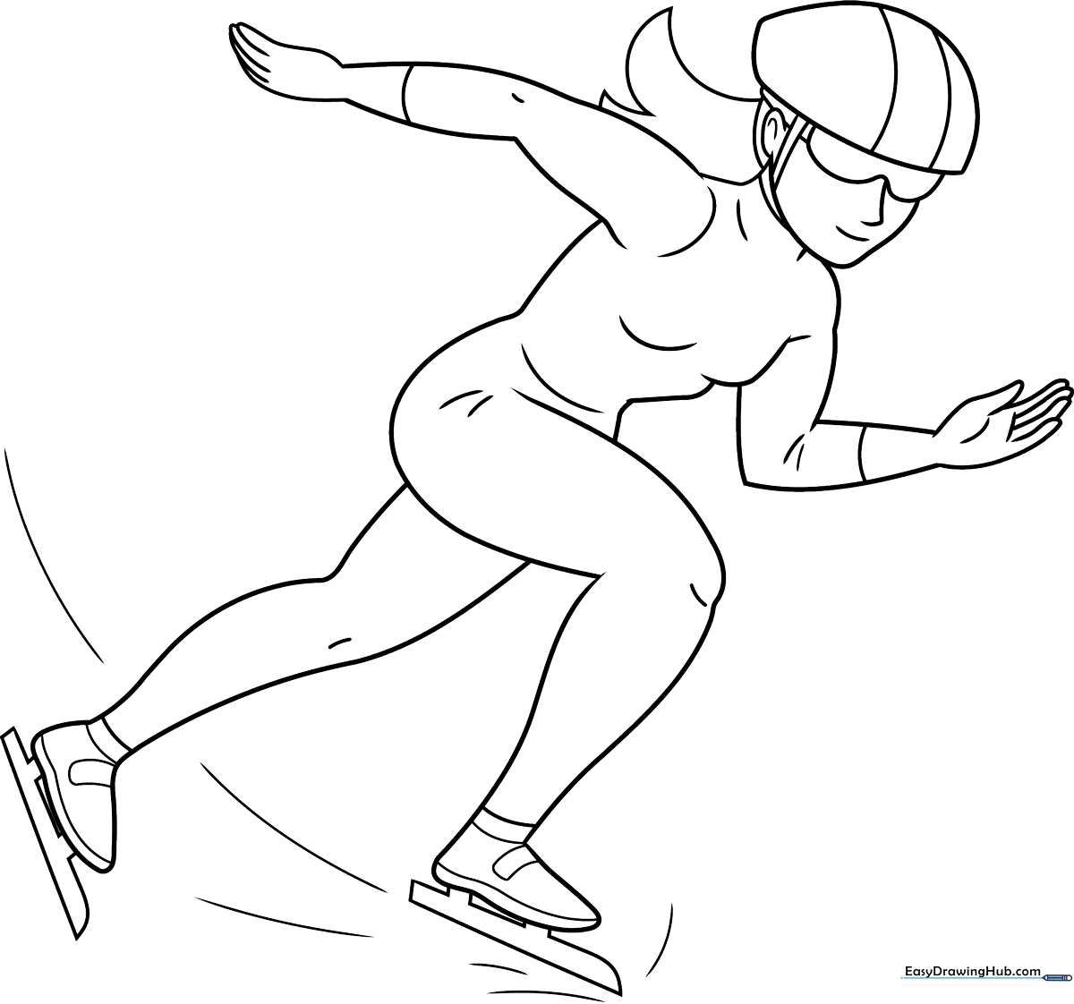 A line-art illustration of a female speed skater in a low, aerodynamic racing crouch, wearing a streamlined suit and skates, ready for coloring.