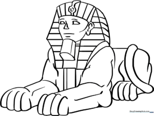 Black and white line art of the Great Sphinx of Giza, featuring clear outlines for easy coloring by children.