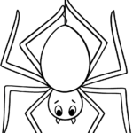 A friendly, round cartoon spider with eight simple legs and large, expressive eyes, outlined in thick black lines for easy coloring.
