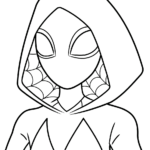 Black and white line art of Spider-Gwen in a dynamic pose, featuring clear outlines for easy coloring by children.