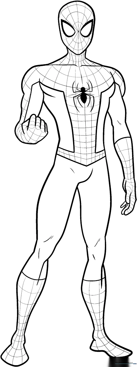 Full-body line art of Spider-Man in a dynamic crouched pose, featuring clear outlines for coloring the iconic mask and web-patterned suit.