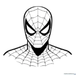 Close-up line art of Spider-Man looking forward, featuring clear outlines for easy coloring of his mask and web patterns.
