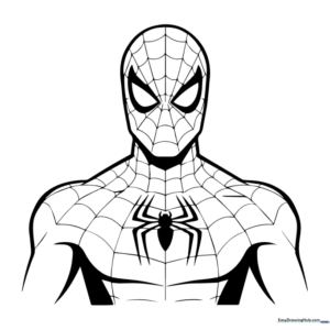 Close-up line art of Spider-Man's mask featuring large expressive eyes and classic web patterns, ready for coloring.