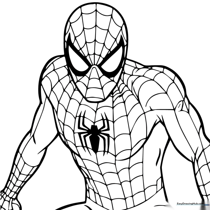 Black and white line art of Spider-Man in a dynamic, crouched action pose, featuring clear outlines for easy coloring by children.