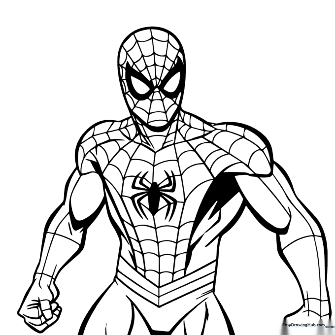 Black and white line art of Spider-Man in a walking pose, featuring clear outlines for easy coloring by children.