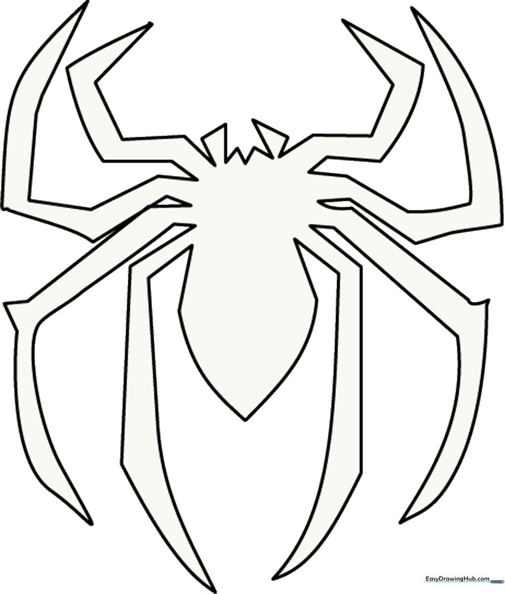 Bold black and white outline of the classic Spider-Man chest emblem, featuring a stylized spider design on a clean background for easy coloring.