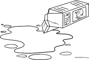 Black and white line art of a spilled glass of milk with a cartoon face, ready for children to color with crayons or markers.